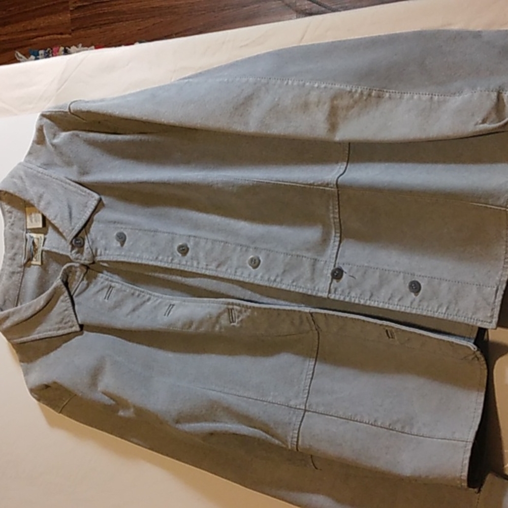 Brushed Leather shirt coat by "TravelSmith" light blue denim.